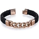 Mens Black Woven Leather Rose Gold Plated Steel Bracelet