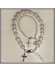 Made in America! Mom and Me, Sterling Silver Bracelet Set for Mother and Daughter. This Beautiful Keepsake Uses Lead-free Crystals and Beautiful Freshwater Pearls with Coordinating Cross Charms. Mothers Bracelet Is Adjustable 7-71/2" and Daughters Size Large, 6-13 Years, 6-6.5 Inches, Adjustable