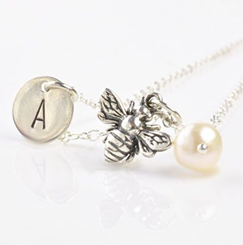 Initial Necklace Bee Charm Pendant Pearl Sterling Silver Personalized Tiny Disc 3D Honeybee Charm Handmade Jewelry For Her