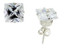 Sterling Silver 7 mm (2.0 Carat Size each) Square Princess Cut Cubic Zirconia Stud Earrings