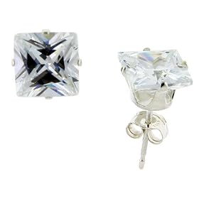 Sterling Silver 7 mm (2.0 Carat Size each) Square Princess Cut Cubic Zirconia Stud... by 