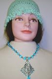 Np31, Large Jade Beaded Small Quartz Long Chain Necklace with Matching Pendant and Earrings for Women and Teens Offered in Combination with Hand Crocheted Lime Chenille Skull Cap