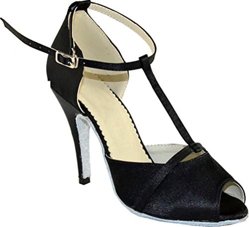 Fifly Womens T-Strap Latin Salsa Cha-cha Custom 2"/2.4"/2.8"/3"/3.15"/3.5"/4" Heel Peep-toe Satin Professional Dance-shoes Black US Size4(4IN)