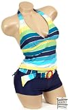 Sexy Trendy Cute Summer Navy Yellow Stripe Tankini Boyshort Bikini Bathing Suit Swimsuit Swimwear