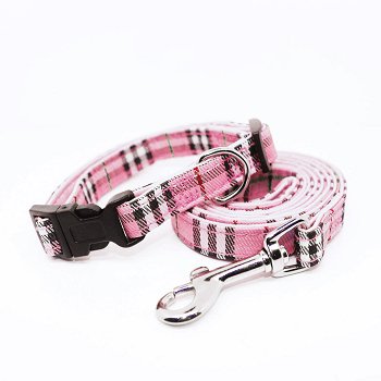 HOW'S YOUR DOG Oxford Nova Plaid Padded Pet Dog Collar & Leash Set - Pink, Small
