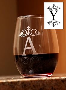 Set of 4 Etched Monogram 16 oz. Stemless Wine Glasses - Y