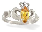 14K White Gold Genuine Marquise Citrine and Diamond Celtic Claddagh Ring