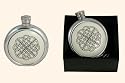 6oz round pewter flask, scrimshaw celtic knot