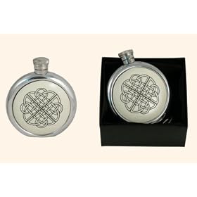 6oz round pewter flask, scrimshaw celtic knot
