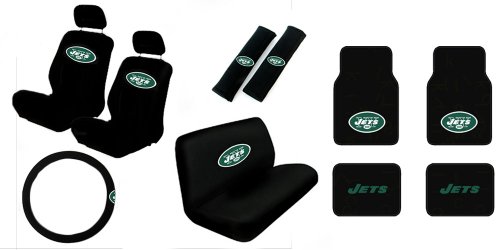 15 Piece NFL Auto Interior Gift Set - New York Jets - A Set of 2 Seat Covers, 1 Rear Bench Cover, 1 Steering Wheel, A Set of 2 Seat Belt Pads, and A Set of 4 Plush Carpet Floor Mats