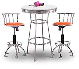 Chrome Bar Table & 2 Chrome Adjustable 24"-29" Orange Nylon Seat Barstools