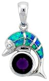 Sterling Silver Dolphin Pendant, Inlaid with Lab Opal & Amethyst CZ stones, 7/8 (22 mm) tall
