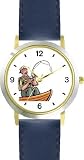 Old Fisherman or Man in Boat Fishing - WATCHBUDDY® DELUXE TWO-TONE THEME WATCH - Arabic Numbers - Blue Leather Strap-Women's Size-Small
