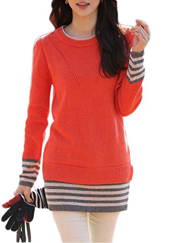 Notting hill 秋冬 大人 レディース セーター 重ね着風 プルオーバー ボーダー カジュアル シンプル かわいい デイリー OL スタイル スリム オレンジ サイズ S〜3XL SSK-0133