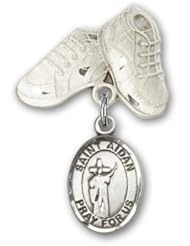 Sterling Silver Baby Badge with St. Aidan of Lindesfarne Charm and Baby Boots Pin