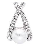 Sterling Silver CZ Diamond X Swoop Faux Pearl Bridal Pendant