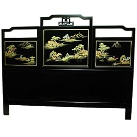 Asian Bed Bedroom Furniture - 60 Ming Black Lacquer Headboard w  Mountain Landscape -... by ORIENTAL FURNITURE