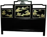 Asian Bed Bedroom Furniture - 78" Ming Black Lacquer Headboard w/ Mountain  ....