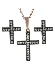 Alexandria Collection Rose Gold-plated Silver Cubic Zirconia Rhodium Cross Necklace and Earring Set