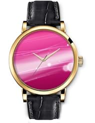 SPRAWL Aanalog Fashion Series Gold Ladies Watches of Genuine Black Leather Strap,Unique Wrist Watch for Women Girls Designed with Lines and circles on pink background