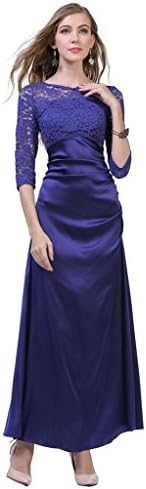 CARVIAN Women's Floral Lace 2/3 Sleeve Floor Length Maxi Dress(Navy Blue,XL)