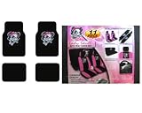 13-Piece Auto Interior Gift Set - 2 Lady Skull Front Low Back Bucket Seat Covers, 2 Lady Skull Head Rest Covers, 1 Lady Skull Steering Wheel Cover, 2 Lady Skull Shoulder Harness Pressure Relief Covers, and A Set of 4 Universal Fit Lady Skull Plush Carpet Floor Mats For Cars / Trucks