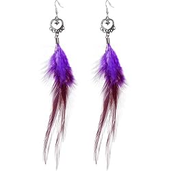 Exotic Romance Heart Purple Feather Earrings