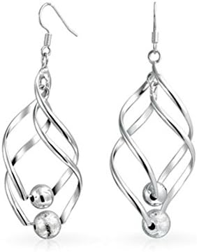 Bohemian Style 925 Sterling Silver Plated Double Marquise Loops Design Beaded Twisted Spiral Long Linear Swirl French Wire Drop Dangle Earrings
