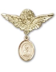 14K Gold Baby Badge with St. Timothy Charm and Angel with Wings Badge Pin