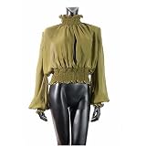 Roberto Cavalli - Roberto Cavalli forest green silk chiffon blouse with ruffle trim and balloon sleeves