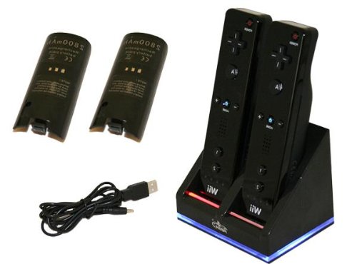 Dual Dock Charger For Nintendo Wii Controllers And Also Compatible With Motion Plus Controllers Black + Two Rechargeable Batteries + USB Cable