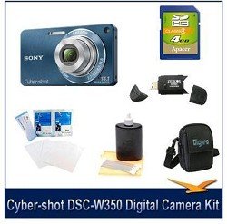 Sony DSC-W350 14.1MP Digital Camera with 4x Wide Angle Zoom with Optical Steady Shot Image Stabilization and 2.7 inch LCD (Blue)with 4GB Card, Carrying Case, and Lens Cleaning Kit