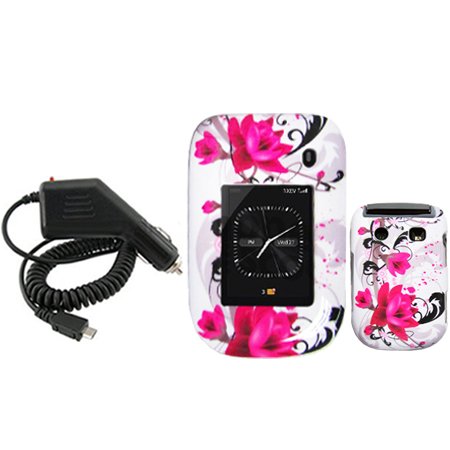 iNcido Brand BlackBerry 9670 Combo Red Flower on White Protective Case Faceplate Cover + Rapid Car Charger for BlackBerry 9670