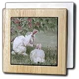 Amy Hurley Heath Animals - Miscellaneous - 2 Bunny Rabbits Under a Bush Eating - One Sideview One Rear view - Tile Napkin Holders
