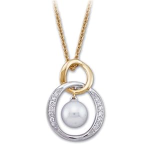 0.16Ct.T.W. Round Brilliant Cut Diamonds, 14Kt. Two Tone Gold, White Akoya Pearl. Diamond and Akoya Pearl Necklace