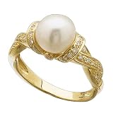 14K Yellow Gold White Cultured Pearl Twisted Diamond Ring