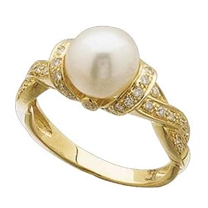 14K Yellow Gold White Cultured Pearl Twisted Diamond Ring