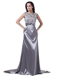 Bateau Neck Sheath Floor Length Sleeveless Lace Satin Natural   Waistline Prom Dress 
