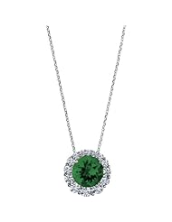 14K White Gold Round Cut Chatham Created Emerald and Diamond Pendant -- LIFETIME WARRANTY