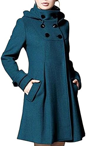 Gloshop Women's Wool Long Jacket Hood Coat Overcoat Long Outwear Blue XXL