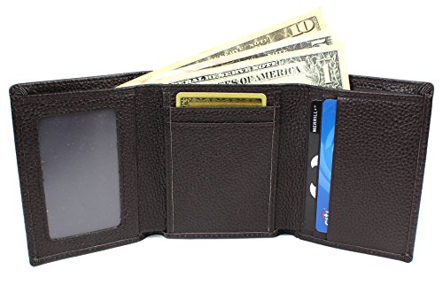 Mens Genuine Leather Trifold Wallet Pebble Finish RFID Blocking (Brown)