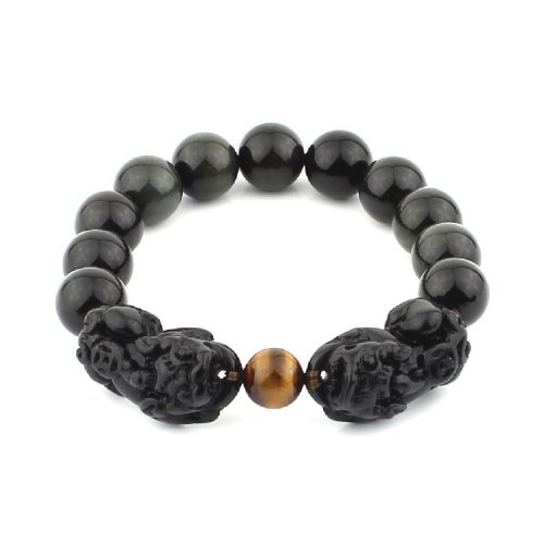 O-stone Natural Obsidian Bracelet with a Pair of Pixius for Attracting Wealth 12mm Grounding Stone Protection