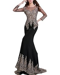 Long Sleeves Floor Length Mermaid Sheer Applique Chiffon/Tulle Evening Dress 