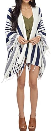 Nova Fashion Women's Vintage Stripes Fringed Hem Poncho Knit Shawl Cardigans