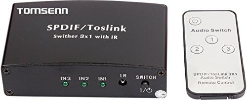 Tomsenn® Spdif/ Toslink Digital Optical Audio Switch 3x1 with Remote (Three Inputs to One Output)