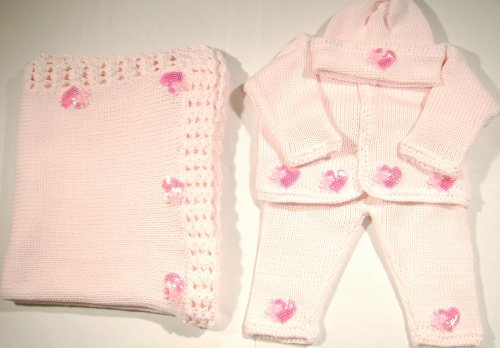 Cpk86bk, Knitted on Hand Knitted Machine Baby Pink Cotton Trimmed By Hand Crochet with Pink Infant Girls Cardigan Sweater Pant Hat Set and Matching Blanket with Hot Pink Sequin Hearts