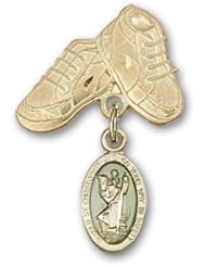 Gold Filled Baby Badge with Blue St. Christopher Charm and Baby Boots Pin