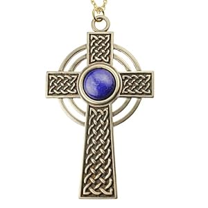 Large Celtic Cross with 12mm Lapis Lazuli Gemstone on Rolo Chains