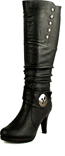 Top Moda WIN-45-TG Women's Knee High Round Toe Slouched High Heel Boots, Color:BLACK, Size:8