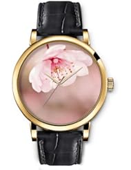 SPRAWL Aanalog Fashion Series Gold Ladies Watches of Genuine Black Leather Strap,Unique Wrist Watch for Women Girls Designed with pink flower